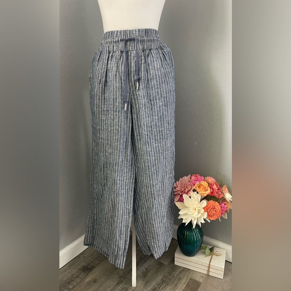 Quince Chambray Stripe Linen Wide Leg Pants - Blue/White Pinstripe - Picture 5 of 8